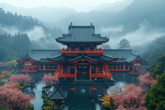 A large beautiful temple surrounded by water and mountainous landscape