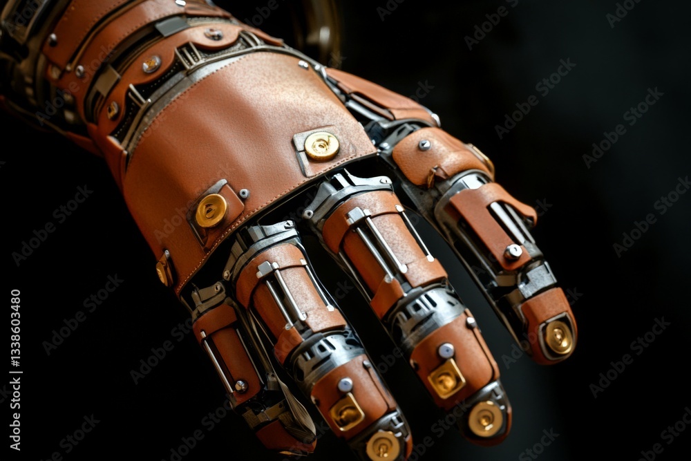 Poster intricate design of a robotic hand showcasing advanced technology and craftsmanship in modern engine