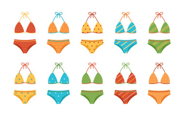 Colorful swimsuits set with different patterns. Fashion bikini collection. Bathing bras and panties. Women's clothes for summer vacation. Vector flat illustration isolated on white background