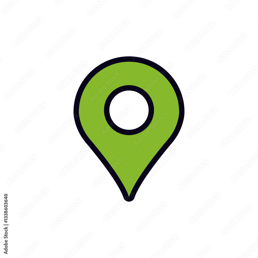 Poster the image features a green map pin icon with a black outline, commonly used for location markers.