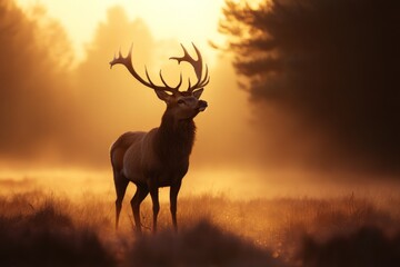 Fototapeta premium Majestic stag stands in golden morning light amidst misty field, looking towards sunrise
