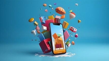 A Vibrant Explosion Of Gifts And Summer Fun Erupts From A Smartphone Screen, Celebrating Online Shoppings Joyful Surprises With A Bright Blue Backdrop And Playful 3d Elements