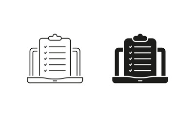 Online Test On Computer Sign. Questionnaire List Symbol. Clipboard With Checklist On Laptop Line and Silhouette Icon Set. Editable Stroke. Isolated Vector Illustration