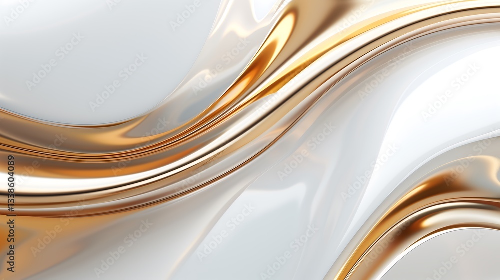 Poster a dynamic abstract background with curved fluid waves in luminous white and radiant gold, glossy and