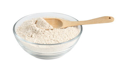 Brown rice flour and spoon in bowl isolated on white