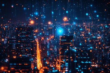 Urban skyline illuminated at night with glowing lights and digital effects showcasing a vibrant city atmosphere