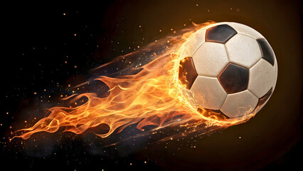 Fototapeta premium A Fiery Soccer Ball Explodes Across The Night Sky Leaving A Blazing Trail Of Passion And Intensity In A Dramatic Dark Background