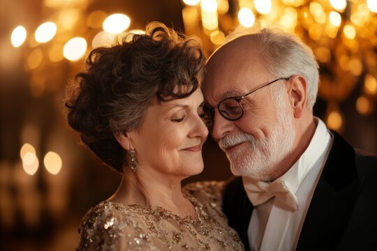 Elderly couple embraces while celebrating an anniversary at a formal event in the evening