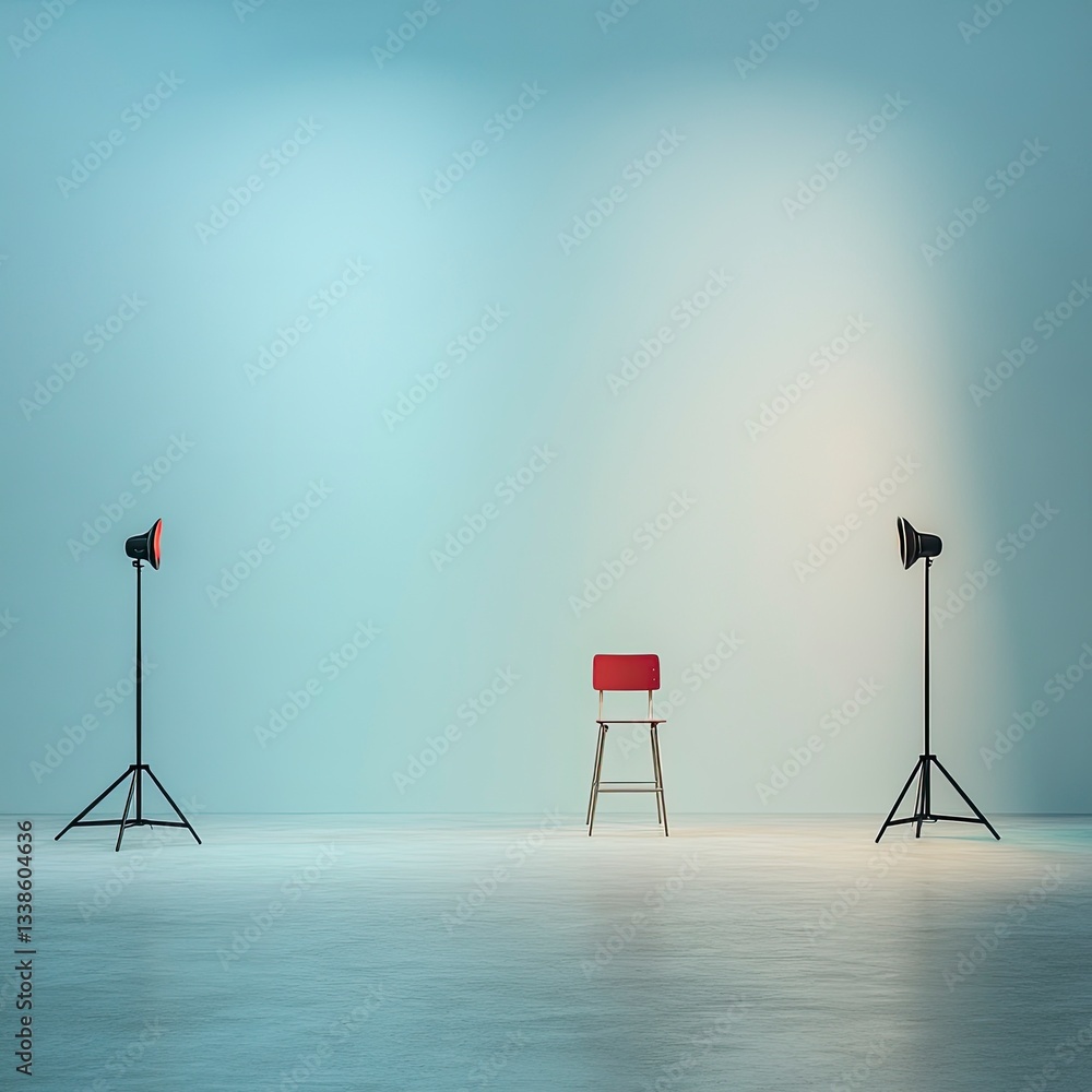 Poster simple studio setup with a red chair against a light blue backdrop, illuminated by two softbox light