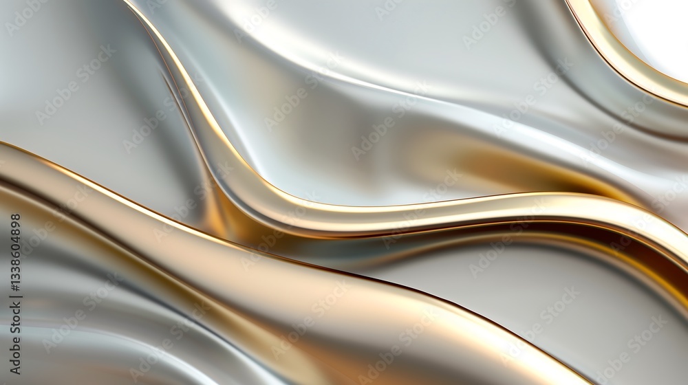 Poster a futuristic abstract composition featuring flowing iridescent waves in pearlescent white and metall