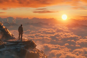 Obraz premium A man stands on the top of a mountain above the clouds, with a beautiful sunrise, bright light on the sky.