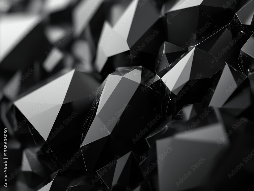 Poster abstract faceted geometric shapes in dark tones with sharp edges and reflective surfaces for modern 