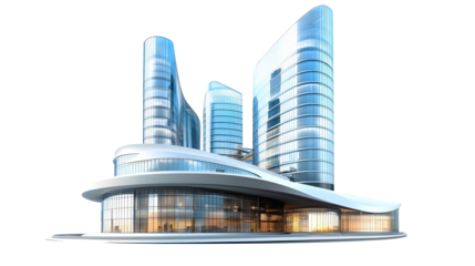 Futuristic city mall, high-rise architectural structure, modern shopping center or office building, 3D rendered, Transparent Background PNG