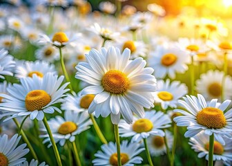 Fototapeta premium Macro view: vibrant white daisies burst against a colourful floral meadow backdrop.