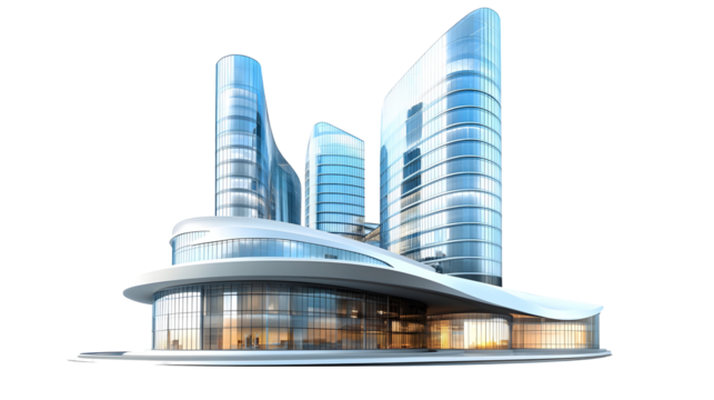 Futuristic city mall, high-rise architectural structure, modern shopping center or office building, 3D rendered, Transparent Background PNG