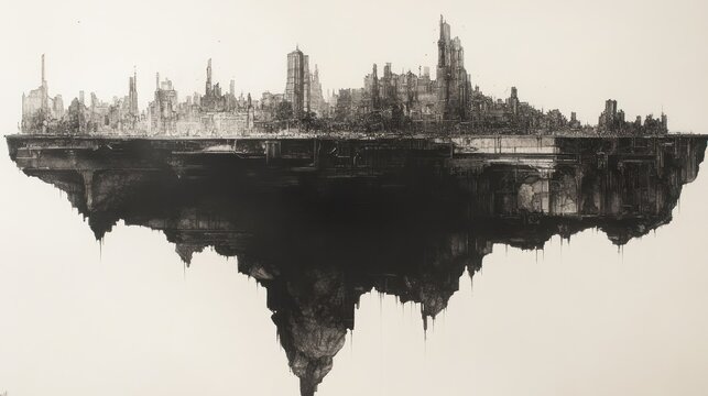 An island city exists on a monochrome floating landmass