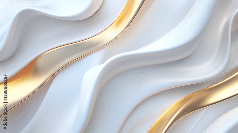 Poster a mesmerizing abstract background with fluid holographic iridescent curved waves in white and gold, 