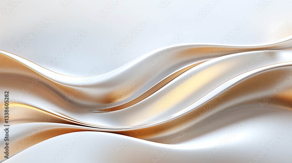 Poster a mesmerizing abstract background with fluid holographic iridescent curved waves in white and gold, 