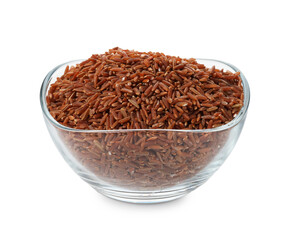 Raw brown rice in bowl isolated on white