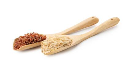 Different sorts of raw brown rice isolated on white