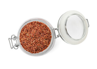 Raw brown rice in open jar isolated on white, top view