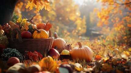 Golden Autumn Harvest Vibrant Oranges and Seasonal Vegetables Among Fallen Leaves Cozy Fall Scene