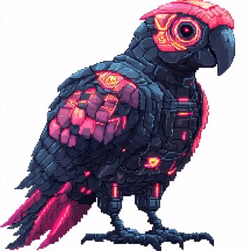 Pixel art sticker logo of a pixelized robot parrot with neon feathers