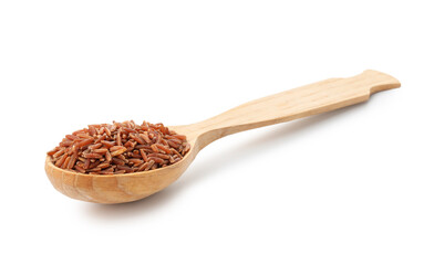 Raw brown rice and spoon isolated on white