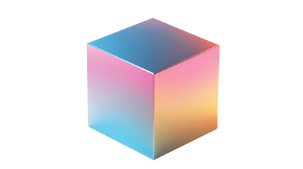 Glossy metallic gradient cube, transitioning hues of pink, blue, and orange, modern 3D geometric shape, Transparent Background PNG