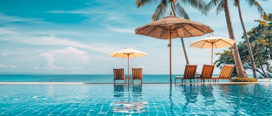 Image of a tropical pool with lounge chairs and umbrellas, great for advertising resorts, travel, hotels.