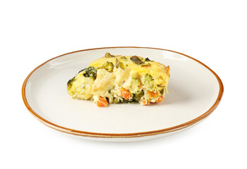 Piece of tasty vegetable casserole isolated on white