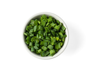 Fresh chopped green onion in bowl isolated on white, top view