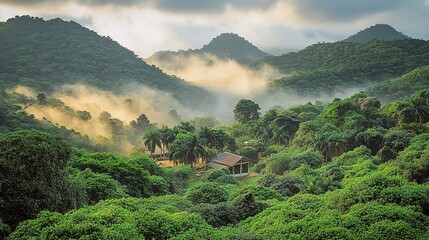 Misty Morning in Rainforest with Sunlight Filtering Through Dense Canopy, Lush Green Vegetation Including Banyan, Sandalwood, Baobab, Shea, Oil Palm Trees
