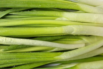 Obraz premium Fresh green onions with water drops as background, top view