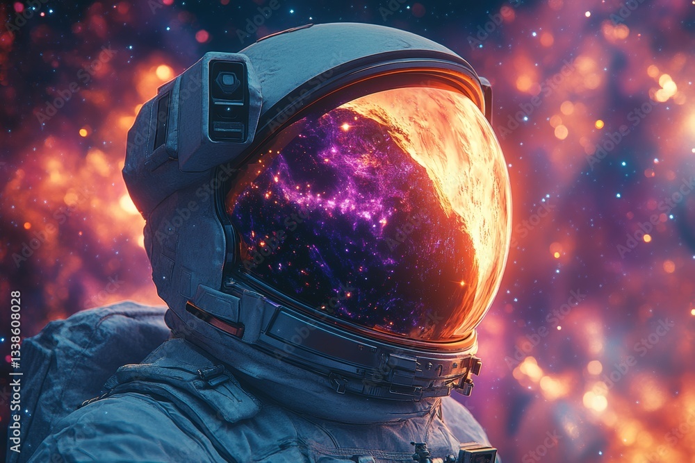 Wall mural an astronaut's helmet with the reflection of a colorful bright nebula within it.