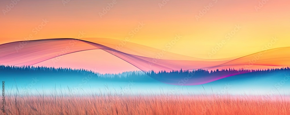 Poster sunset landscape abstract background idea. vibrant sunset over rolling hills with colorful waves of 
