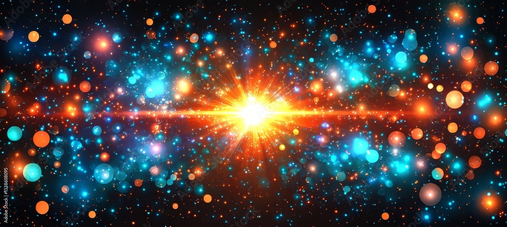 Poster ethereal abstract background with light explosion and converging rays in blue and orange