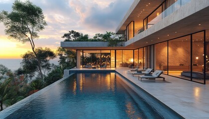 Fototapeta premium Modern ocean view home with an infinity pool reflecting warm light