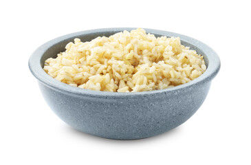 Tasty brown rice in bowl isolated on white