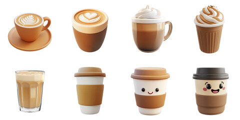 PNG Latte coffee no bg cartoon mockup set drink concept using for decoration.