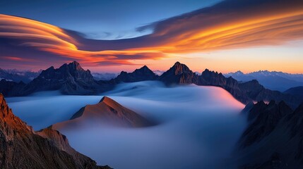 Sunset landscape abstract background idea. Breathtaking mountain sunset with vibrant clouds and misty valleys.