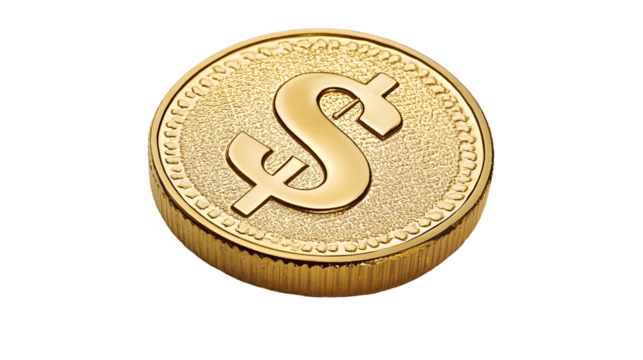 Gold coin with embossed dollar sign, bright and reflective, symbolizing wealth and prosperity, Transparent Background PNG