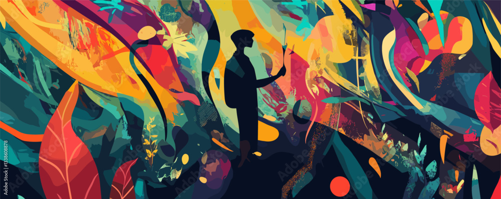 Poster Silhouette of a man exploring colorful abstract nature with leaves and shapes.