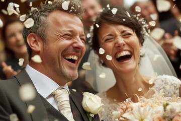 Joyful couple celebrates their wedding day surrounded by friends and family during an outdoor ceremony