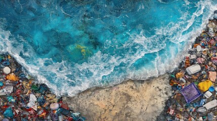 Fototapeta premium aerial view of a shoreline littered with various plastic and garbage debris, transitioning into turquoise-blue water with foamy waves
