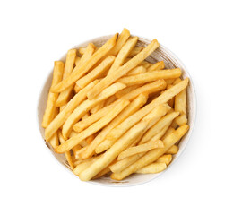 Delicious French fries in bowl isolated on white, top view