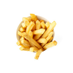 Tasty French fries in paper container isolated on white, top view