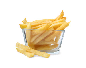 Delicious French fries in glass bowl isolated on white
