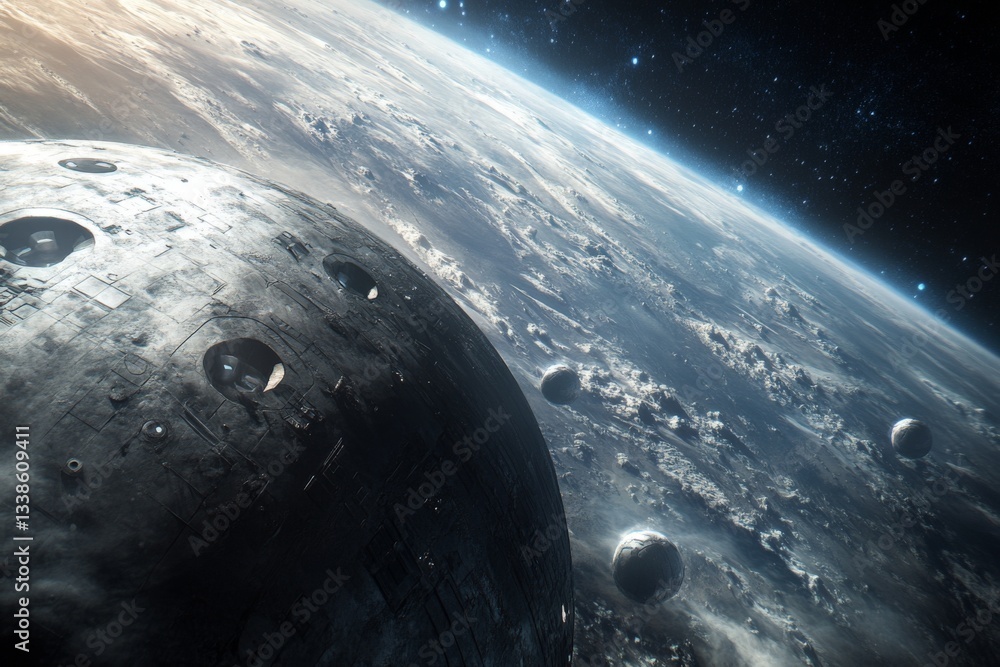 Poster Orbiting celestial bodies showcase a complex interplay of structures and natural formations in deep space