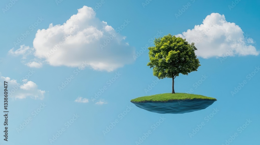 Poster negative space design abstract background concept. a solitary tree floats above a tranquil water sur